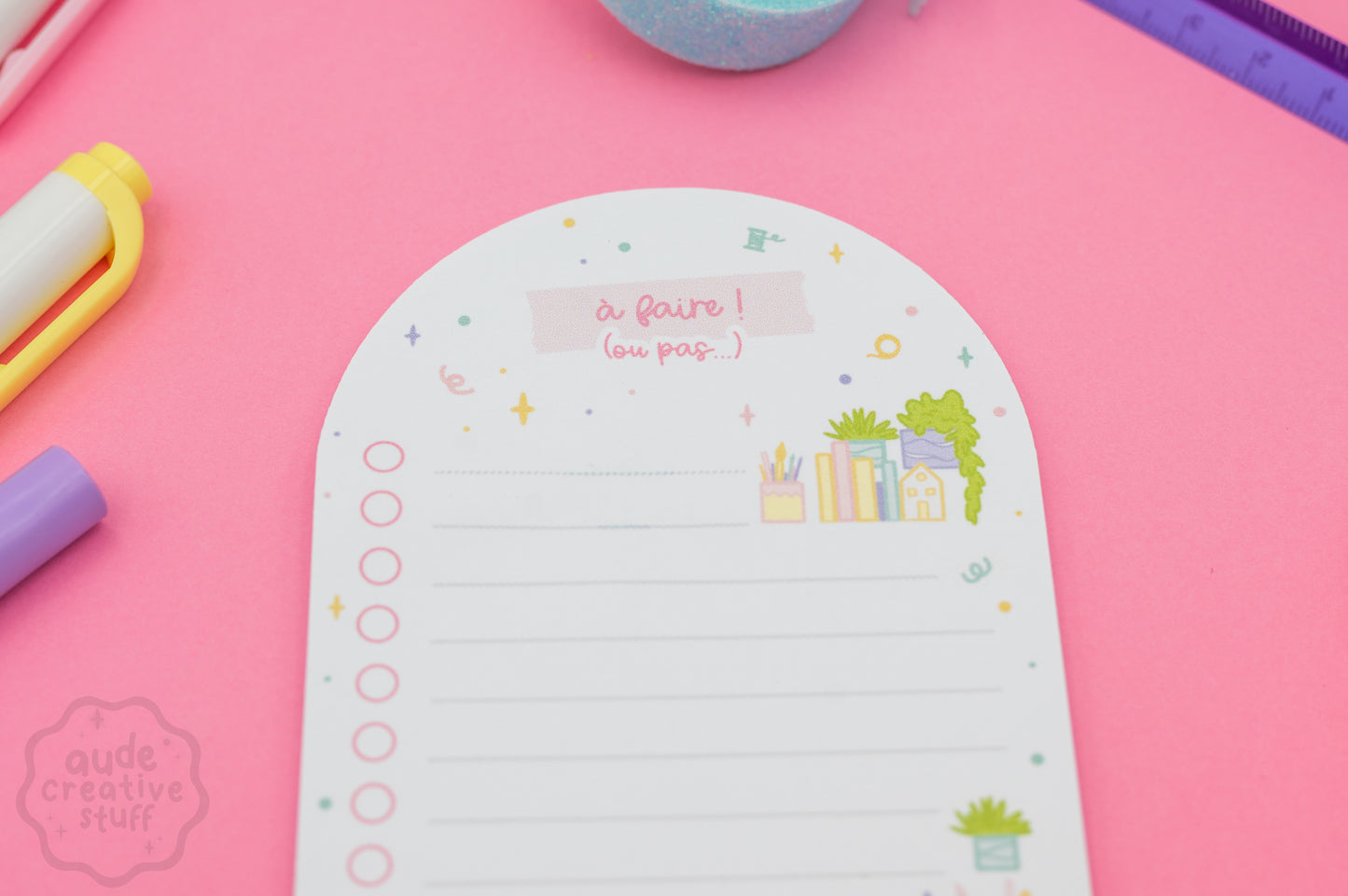 Bloc-notes To-do List Thème Activités Créatives, en forme d'arche 8x17 cm, 25 feuilles