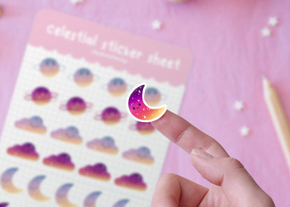 Stickers Journaling Thème Céleste Planètes, Lunes et Nuages