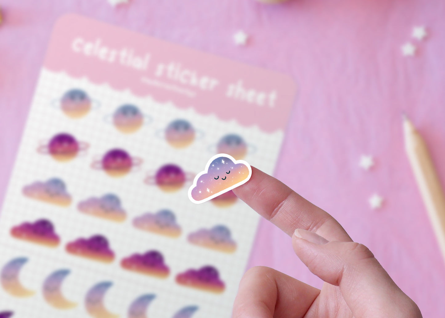 Stickers Journaling Thème Céleste Planètes, Lunes et Nuages