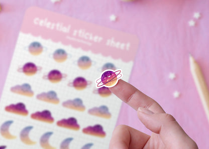 Stickers Journaling Thème Céleste Planètes, Lunes et Nuages