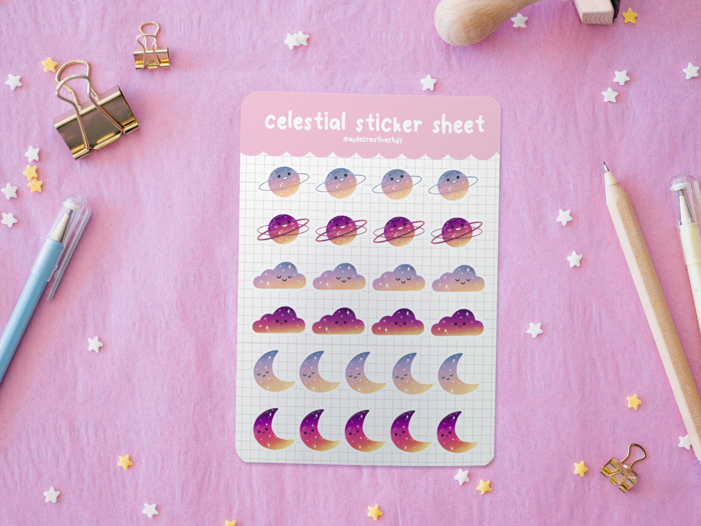 Stickers Journaling Thème Céleste Planètes, Lunes et Nuages