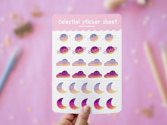 Stickers Journaling Thème Céleste Planètes, Lunes et Nuages